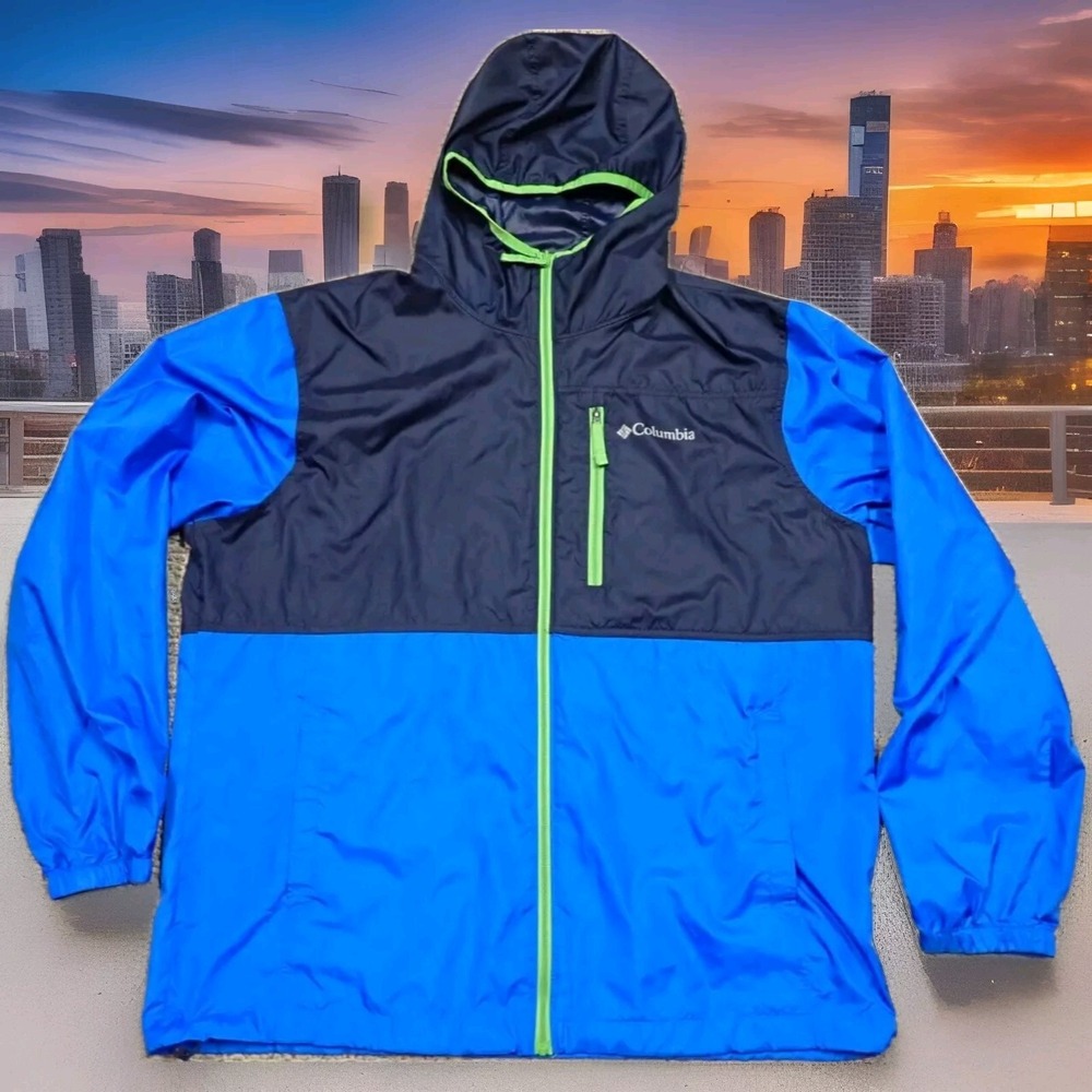 Columbia Windbreaker‎ Jacket Mens Large Blue Excellent Colorblock Hooded Zip